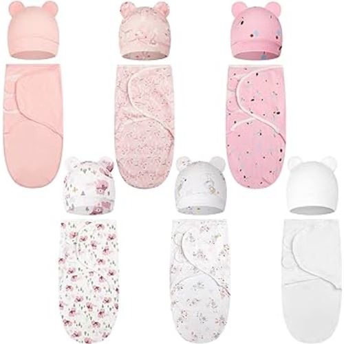 6 Pack Baby Swaddle Blanket with Hats Set for 0-3 Months Preemie Newborn Sacks Soft Cotton Wearable for Baby Boy and Girl (Animal)