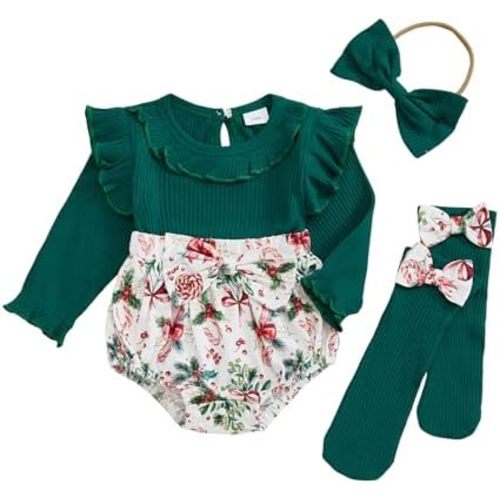 Infant Baby Girl Halloween Outfit Ruffle Sleeve Ghost Pumpkin Print Romper Onesie and Socks Cute Halloween Clothes
