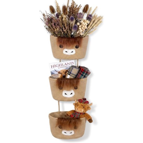 3-Tier Highland Cow Theme Cotton Rope Hanging Basket Organizer, Wall Storage Bin with Hooks, Brown Over Door Decorative Nursery Closet Hanging Accessories
