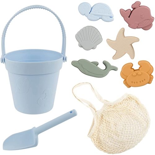 8Pcs Silicone Beach Toys with Portable Beach Bag- Silicone Summer Kids Beach Set with Sand Toy Molds Shovel Bucket Set- Beach Sand Toys Silicone Toddler Sandbox Toys for Kids Outdoor Summer Playset