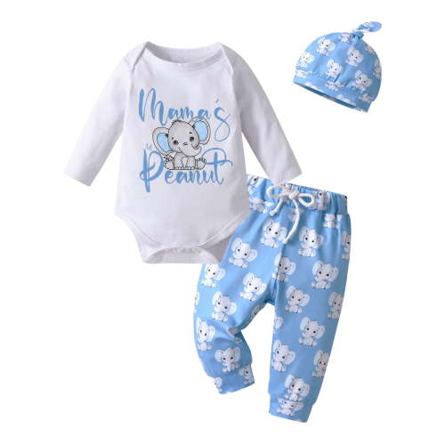 Infant Baby Boy Clothes Elephant Style Long Sleeve Romper + Pants + Hat 3PCS Outfits Set Blue 0-3 Months
