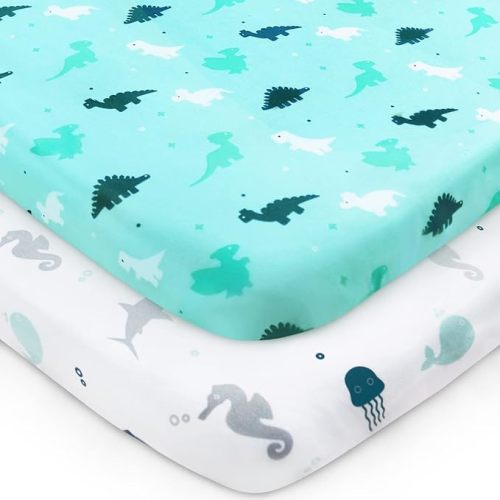 Pack and Play Sheets Fitted, Mini Crib Sheets 2 Pack, Playard Sheets Compatible with Graco Pack n Play, Ultra Soft Breathable Material, Dinosaurs - Aqua