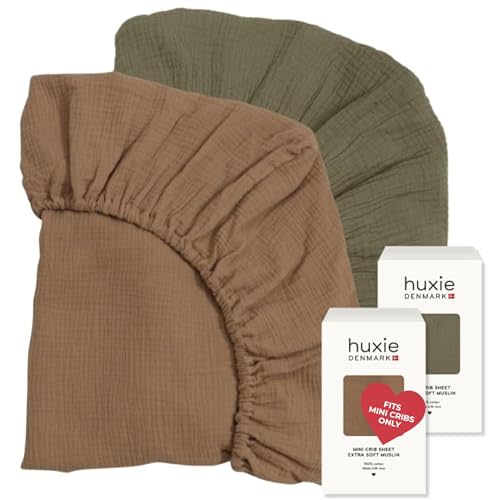 Huxie 24 x 38 Mini Crib Sheets - Organic Cotton Muslin Fitted Crib Sheet Fitted for Pack and Play - Ultra-Soft and Breathable Crib Sheets for Boys and Girls (Sage Green/Natural)