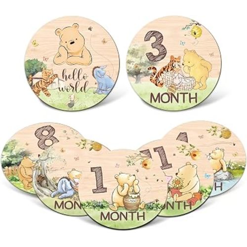 7Pcs Baby Winnie Bear Month Milestone Circles, Milestone Wooden Circles for Baby Photo, Classic Baby Milestone Stuff, Double-Sided Printing Baby Milestone Pictures of Newborn for Documenting Growth