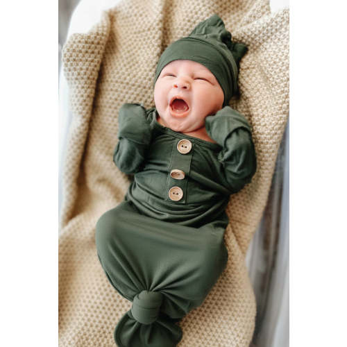 Solid Olive Bamboo Baby Knot Gown & Hat