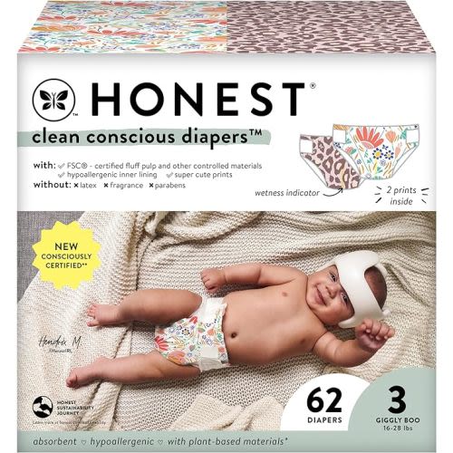 The Honest Company Clean Conscious Diapers for Sensitive Skin | Hypoallergenic, Fragrance Free | Girl Prints | Club Box, Size 3 (16-28 lbs), 62 Count