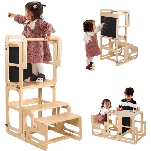 Toddler Tower, Toddler Kitchen Stool Helper, Kitchen Step Stool for Toddlers, 4-in-1 Montessori Foldable Toddler Learning Wooden Tower with Chalkboard, Toddler Desk and Chair All in One