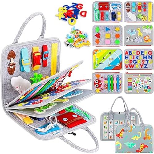 Esjay Toddler Busy Board Montessori Toys, Sensory Board Educational Activities for Learning Fine Motor Skills, Gifts for Girls Boys Toddlers, Travel Toys for Airplane Car,Grey Dinosaur