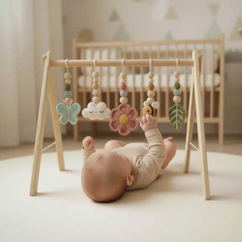 Garden Baby Gym Wooden Play Gym with Crochet Butterfly Bee Flower Cloud Leaf | Montessori Baby Activity Gym | Nature Nursery Decor