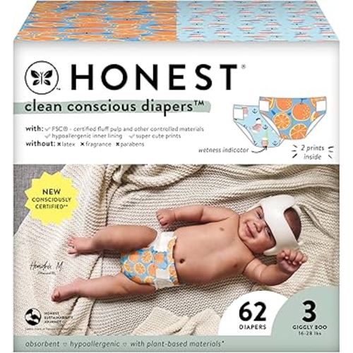 The Honest Company Clean Conscious Diapers | Plant-Based, Sustainable | Orange You Cute + Feeling Nauti | Club Box, Size 3 (16-28 lbs), 62 Count