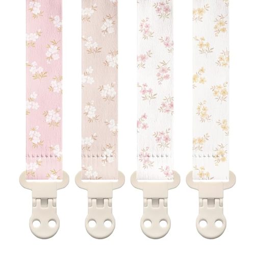 Stadela Baby Fabric Pacifier Clip Holder, Plastic Clip, 4‑Pack, Wildflower Pattern, Heather Set