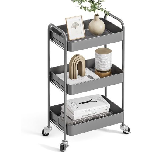 TOOLF 3-Tier Rolling Cart, Metal Utility Cart with Lockable Wheels, Storage Craft Art Cart Trolley Organizer Serving Cart Easy Assembly for Office, Bathroom, Kitchen, Kids' Room, Classroom (Grey) - Gray - Standard 3-Tier