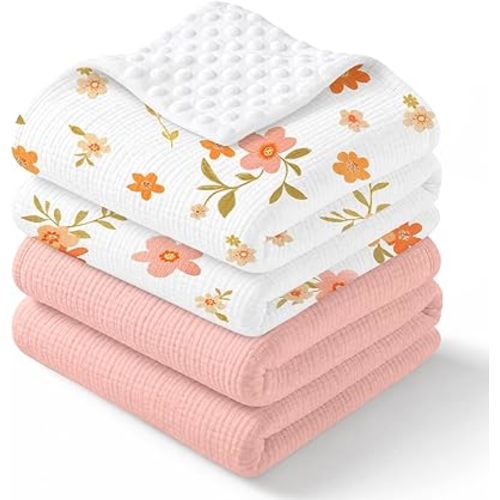 2 Pack Muslin Baby Blankets for Girls, 40 x 40 Inch Super Soft Nursery Blanket with Cotton Front and Double Layer Dotted Backing, Lightweight Bedding for Newborn Infant Toddler, Pink Floral