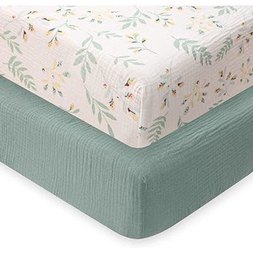 Muslin Crib Sheets for Girls and Boys, Cotton Boho Neutral Fitted Baby Crib Sheet for Standard Crib Mattress & Toddler Bed Mattress (52"x28"), Soft and Breathable, 2 Pack (Roman Green)