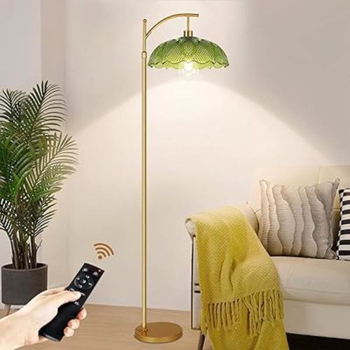 Glass Floor Lamp for Living Room,Bedroom,Gold Dimmable Standing Lamp with Remote,Mid Century Modern Brass Tall Lamp Green Lamp Shade Vintage Retro Arc Floor Lamps Floor Light Boho Bohemian