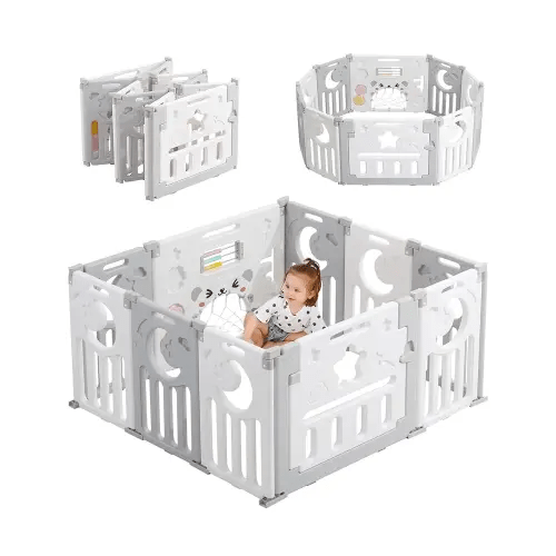 Baby Playpen, Dripex Foldable Playpen for Babies and Toddlers, Custom Shape Baby Fence, Safety Play Yard with Gate, Portable Play Area for Indoor or Outdoor, Grey White,10 Panel