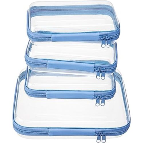 4 pcs Clear Zipper Pouches,Hard Shell Zipper Case, Toiletry Bag for Travel, CLear Diaper Bag, Toiletry Pouch, Travel Organizer, Clear Cosmetic Bag,Toy Storage Bins (M+3S) (Blue)