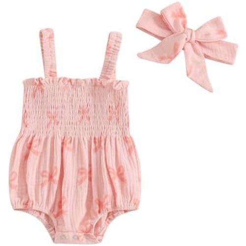 Newborn Baby Girl Clothes Bow Print Smocked Romper Sleeveless Cotton Linen Bodysut with Headband Set Summer Outfit