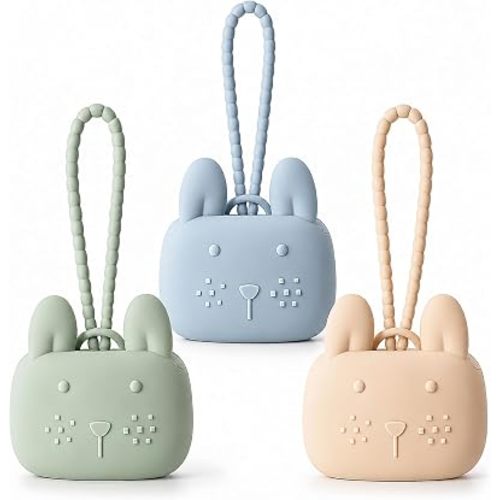 ROCCED Pacifier Holder Case Silicone Bunny Design Pacifiers Pouch with Soft Silicone Strap, Travel Storage for Stroller & Diaper Bag, Pacifier Holder Pouch for Baby, Set of 3 Beige Dusty Green Blue