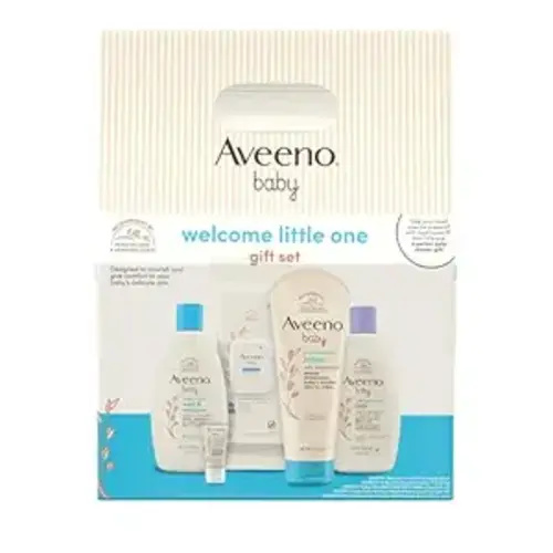 Aveeno Baby Welcome Little One Gift Set, Baby Essentials Set with Daily Moisture Wash and Shampoo, Calming Comfort Bath, Sensitive All Over Wipes, Body Lotion, & Healthy Start Balm, 5 Items