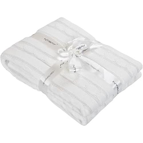 NTBAY 100% Pure Cotton Cable Knit Toddler Blanket, Super Soft Warm Breathable 30x40 Baby Blanket for Crib, Stroller, Nursery, Travel, Newborn, 30x40 Inches, White