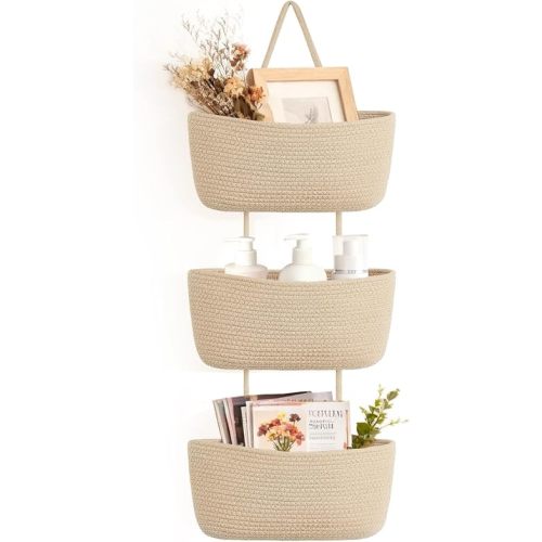 Dahey Over The Door Hanging Basket 3-Tier Woven Boho Wall Mounted Storage Organizer with Hooks for Bedroom Nursery Bathroom Apartments Dorm Pantry Decor, Jute