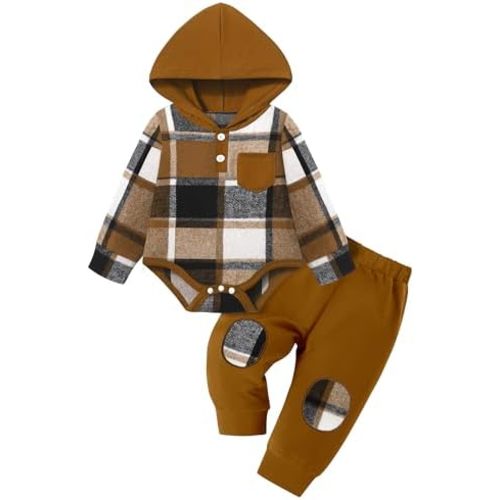 Fommy Baby Boy Clothes Flannel Plaid Outfits Long Sleeve Hoodie Romper Fall Winter 2 Pcs Clothes for Boy