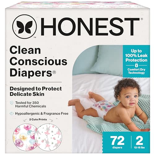 The Honest Company Clean Conscious Diapers for Sensitive Skin | Hypoallergenic, Fragrance Free | Girl Prints | Club Box, Size 2 (12-18 lbs), 72 Count (Prints May Temporarily Vary)