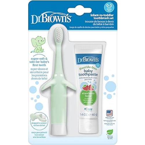 Dr. Brown's Infant-to-Toddler Training Toothbrush Set, Mint Elephant with Fluoride-Free Strawberry Baby Toothpaste, 0-3 Years