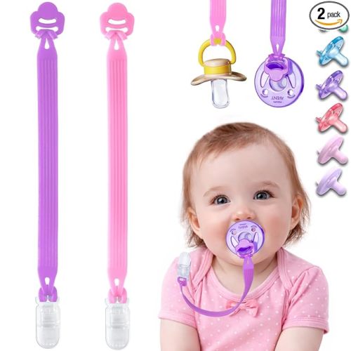 Silicone Pacifier Clip with Adapter Ring for Philips Avent Soothie, 2 Pack One-Piece Soft Binky Clips Holder for Baby Girls Boys, Anti-Loss Paci Clips for Baby Shower Newborn Essentials,Pink Purple