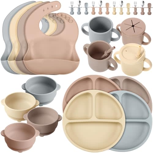 Yinder 32 Pack Silicone Baby Feeding Set Baby LED Weaning Supplies Includes Suction Divided Plates Soft Bowl Spoons Forks Adjustable Bib Snack Cup with Lid and Straws (Soft Color)