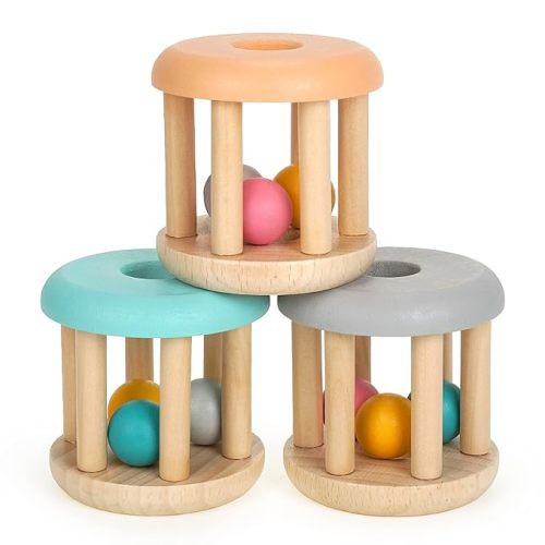 DUCKBOXX XX Montessori Infant Toys, Natural Wood Rolling Rattle Toy for Babies Ages 0m – 2yrs (Burlywood Base - 3pcs)