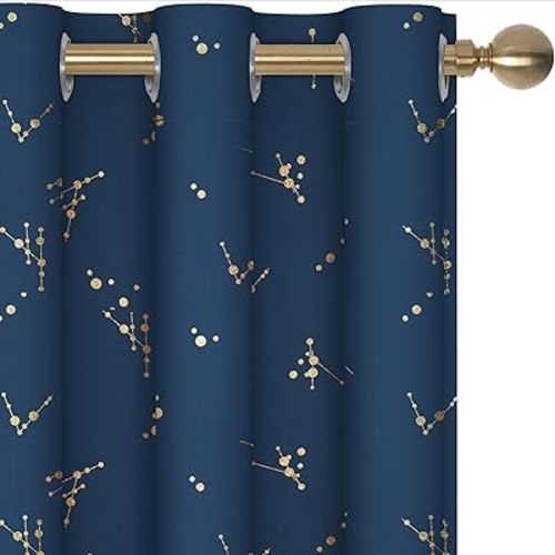 Deconovo Blackout Curtains, Gold Foil Print,Thermal Insulated, Noise-Reducing Grommet Drapes for Bedroom & Living Room, 2 Drapes, Soft Drape, Room-Darkening Window Panels, Navy Blue, 42x72 Inch