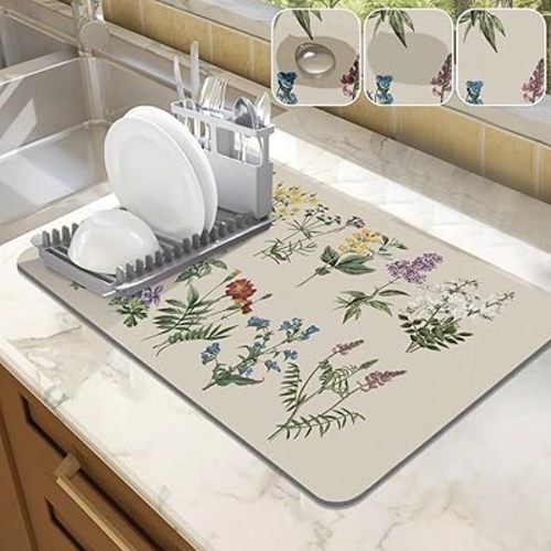 LOKHOM Dish Drying Mat for Kitchen Counter, 12"x20" Absorbent Coffee Bar Mat with Vintage Sage Flower Herbs, Dish Drainer Rack Mat for Kitchen Counter