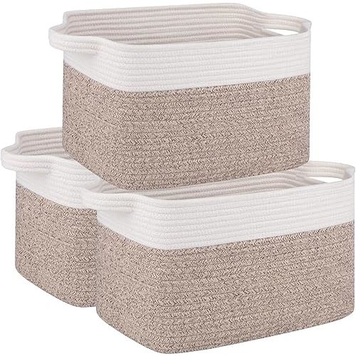 OIAHOMY 3 Pack Storage Basket for Organizing, 13''X9.85''X8.7'' Storage Bins,Woven Basket Basket with Handles, Toy Storage Basket Bin,Stylish Room Decor Basket, white & Brown variegated