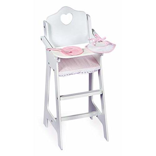 Badger Basket Wooden Baby Doll High Chair - Fits 18" Dolls - Includes Tray, Bib & Free Personalization Kit - Best for Toddler Girls for Pretend Play - White with Pink Gingham Seat