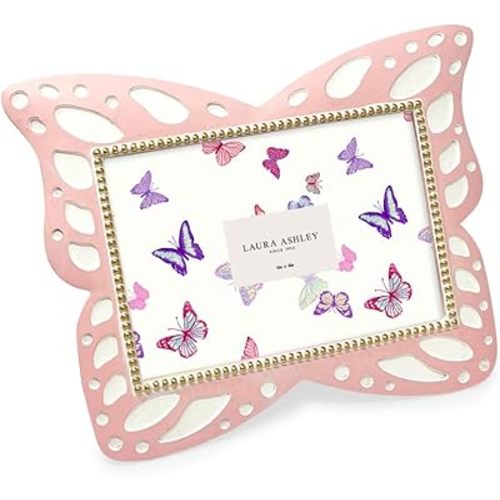 Laura Ashley 4x6 Horizontal Pink Resin Butterfly Picture Frame with Dotted Edges, Photo Frame with Black Fabric Easel, Made for Tabletop & Wall-Hanging Display (6x4, Pink)