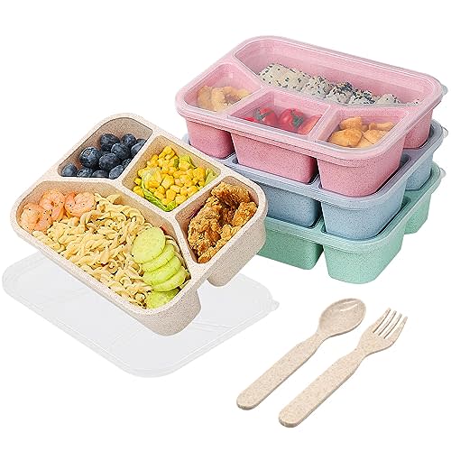 PUiKUS 4 Pack Bento Lunch Box, 4 Compartment Meal Prep Containers, Lunch Box for Kids, BPA Free Plastic Reusable Food Storage Containers - Stackable, Suitable for Schools, Companies,Work and Travel