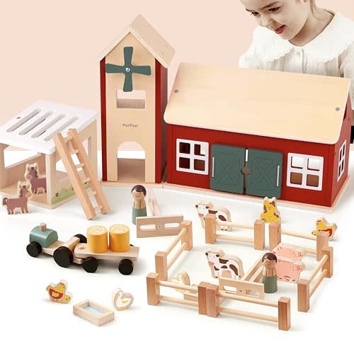 PairPear Wooden Barn Farm Toys with Farm Animals Figures and Tractor, Educational Stacking Learning Toys Gift for Toddler Girls Boys 3+