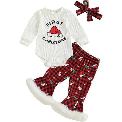 Baby Girl My 1st Christmas Outfits Letter Long Sleeve Romper Tops+Bell Bottom Pants+Headband 3 Pcs Clothes Set