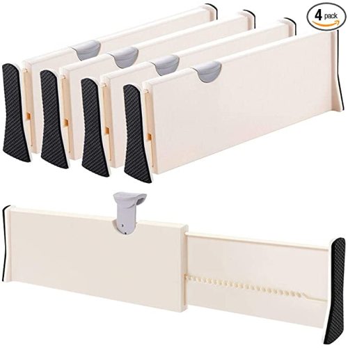 Drawer Dividers Organizer 4 Pack, Adjustable Separators 4" High Expandable from 11-17" for Bedroom, Bathroom, Closet,Clothing, Office, Kitchen Storage, Strong Secure Hold, Foam Ends, Locks in Place - Beige - 4" Tall, 11"-17" Long, 4 Pack