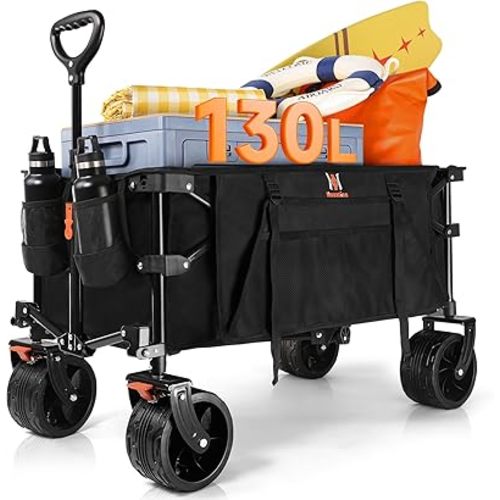 Navatiee Collapsible Folding Wagon, Beach Wagon Cart Heavy Duty Foldable with Big Wheels, Utility Grocery Wagon with Side Pocket and Brakes for Camping Garden Sports, T1