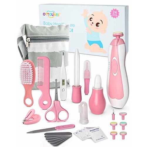 OTTOLIVES Baby Healthcare and Grooming Kit, 24 in 1 Baby Electric Nail Trimmer Set Newborn Nursery Health Care Set for Newborn Infant Toddlers Baby Boys Girls Kids Haircut Tools (0-3 Years+) (Pink)