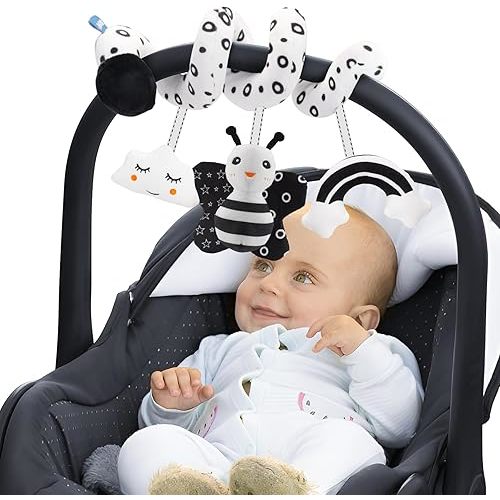 FPVERA Infant Car Seat Toys for Babies 0-6 Months: Travel Baby Toy for Rear Car Seat, Adjustable Mobile Activity Arch with Music, Sensory Hanging Toy Fits SafetyCrib, Stroller (Black Whtie)