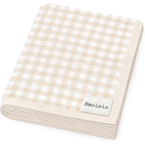 Checkered Baby Blanket Swaddle - 100% Soft Cotton Quilt Swaddling Stroller Blanket for Nursery Bed Shower Baby Gift Registry for Newborns Toddlers Boys & Girls (Plaid - Beige)