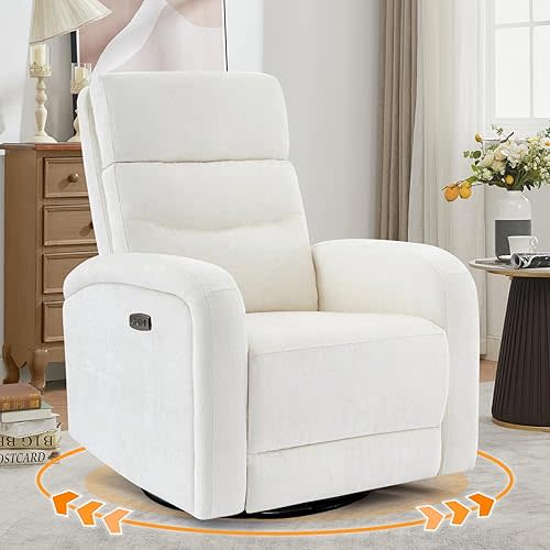 Glider Recliner Nursery Chair, Power Swivel Rocker Recliner with Adjustable Backrest Support, Swivel Rocking Nursery Recliner Chairs with USB and Type-C Ports for Living Room, Chenille Cream White