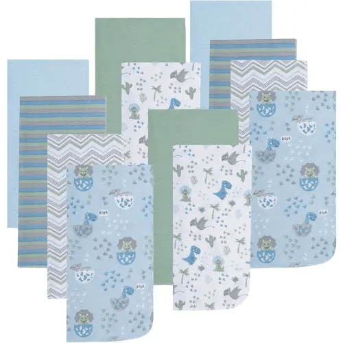 EVERYDAY KIDS 12 Pack Burp Cloths for Baby Boy; Newborn Essential with - Large Absorbent Cotton Flannel Blue/Green Burping Cloths for Babies with Baby Dinosaurs, Zig Zag and Stripe Prints and Solids