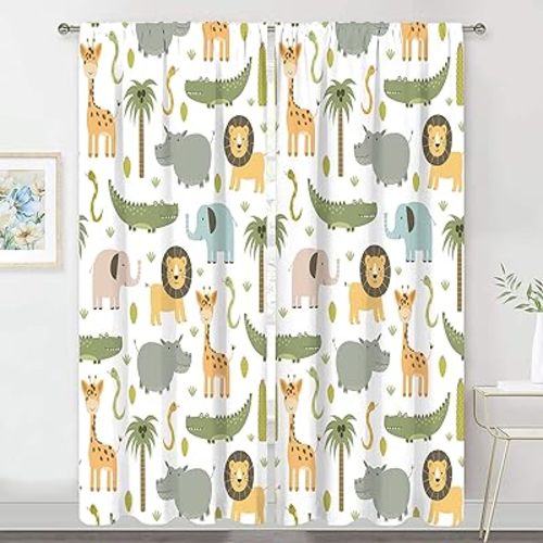 MESHELLY Baby Boy Safari Animal Curtains 52W X 84H Inch Rod Pocket Kids Room Decor Woodland Jungle Cartoon Lion Elephant Printed for Nursery Playroom Living Room Bedroom Window Drapes Fabric 2 Panels
