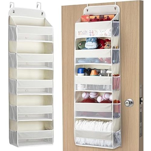 Over The Door Storage Organizer with 5 Large Pockets & 10 Mesh Side Pockets, Foldable,44 lbs Capacity, Clear Window for Home Office Bedroom Bathroom,Beige