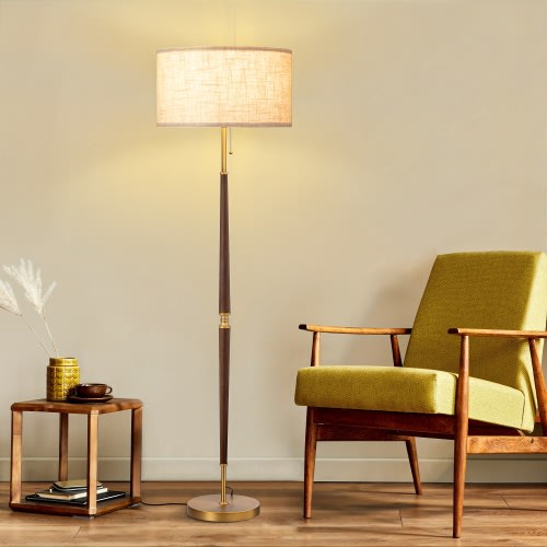 EDISHINE 62 Inch Retro Floor Lamps for The Living Room, Vintage Style Wooden Standing Lamp with Chain Switch, Golden End